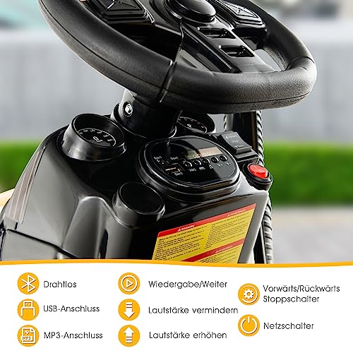 COSTWAY 12V Elektro Traktor für Kinder mit abnehmbarem Anhanger und 2,4G Fernbedienung, Aufsitztraktor 3-8 km/h mit Warnleuchte, Hupe, Musik, Getränkehalter, geeignet fur Kinder ab 3 Jahren (Gelb) – Bild 4