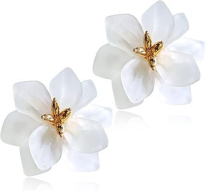 Unique Handmade Bohemian Huge Acrylic Flower Stud Earrings - Matte Double Dangle Drop With Bud for Women, Mom, Lover and Friends - Statement Jewelry Gifts