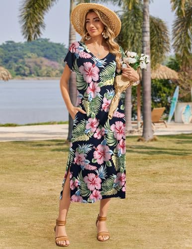 Image of Zeagoo Women Summer Floral Dress Short Sleeve Beach Dress with Pockets Casual V-Neck Split Long T-Shirt Dress Travel Vacation