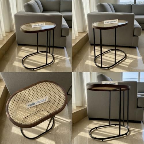 Image of Charcoal Rattan Cane Side Table with Glass top - Bohemian Solid Mango Wood Cane Iron Sofa Side end Table - Wood and Cane Nesting Table S#047 (Honey 1)