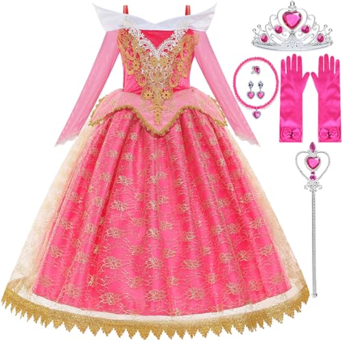 LiUiMiY Fantasia de aurora para meninas maxi vestido de princesa bela adormecida com acessórios aniversário festa carnaval Natal, 5-6 anos (Etiqueta 130)
