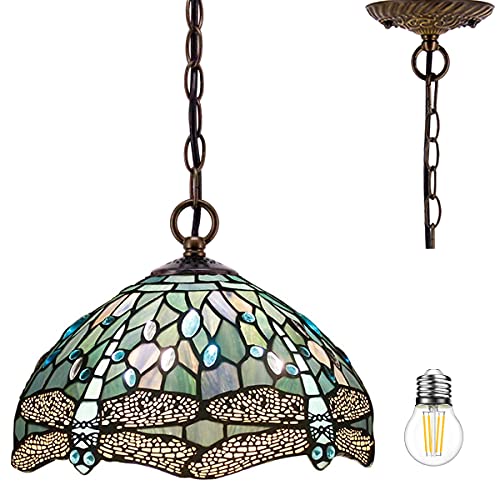 Image of WERFACTORY Tiffany Pendant Light Fixture Stained Glass Hanging Lamp 12 Inch