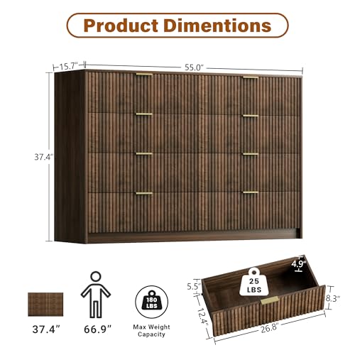 Image of Furniway 3 Piece Bedroom Set, 8 Drawer Dresser and 3-Drawer Nightstand Set of 2 with Gold Handles, Mid-Century Modern Wood Chest of Drawers Storage Cabinet for Bedroom, Walnut