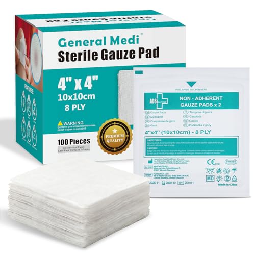 General Medi Sterile Gauze Pads – 4' x 4' Individually Wrapped Medical Gauze Pads for Cleaning and Cushioning Minor Wounds, Cuts & Burns Wound Care Product (50 Packs, 100 Pieces Total)