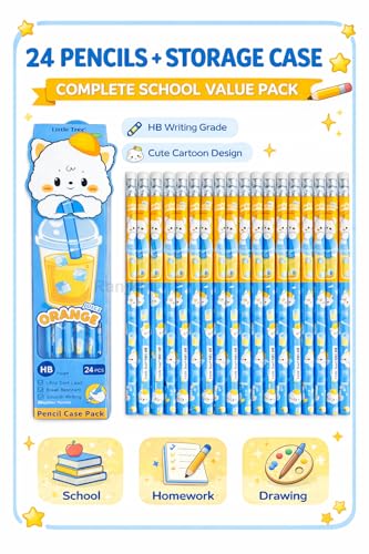 Image of Cute Cartoon HB Pencils Set for Kids (24 Pencils) | Triangle Grip, Dark Writing, Break Resistant Lead | School, Homework, Drawing, Birthday Return Gift Set