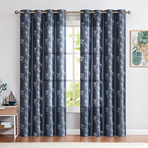 Jinchan Floral Curtains Embroidered Curtains For Living Room 84 Inch Long Faux Silk Curtains Slate Blue Grommet Top Flower Patterned Drapes Light Filtering Curtains Window Curtain Set 2 Panels #TOP1