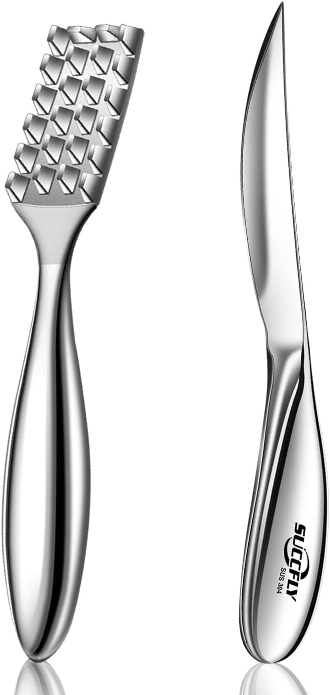 Premium Kitchen Seafood Tool Kit, Wedge-shaped Sawtooth Fish Scaler + Sturdy & Sharp Oyster Shucking Knife, Food Grade Stainless Steel Ergonomic Design, Dishwasher Safe