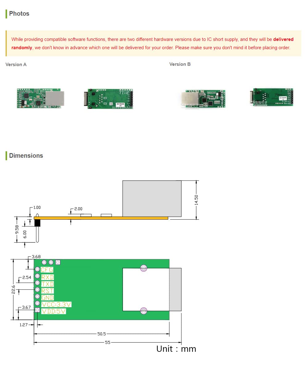 Waveshare Serial UART TTL to Ethernet Converter Module Upgradable High-Speed Low-Power High-Stability UART to ETH Kit (3.3V DC Or 5V DC)