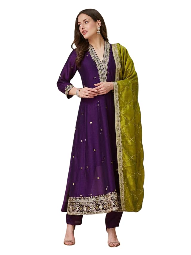 Women's Vichitra Silk Anarkali Kurta Pant Dupatta Set | Embroidered Sequence Work | Traditional Ethnic Wear-picture-37