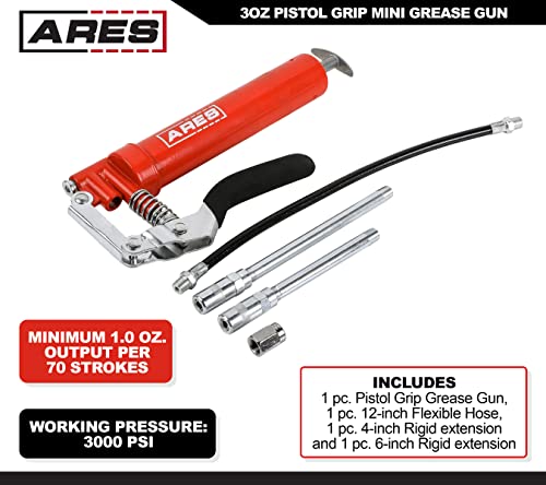 Image of ARES 53011 - 3oz Pistol Grip Mini Grease Gun - Includes 12-Inch Flex Hose and 4-Inch and 6-Inch Straight Extensions - 3000 PSI Working Pressure Rating