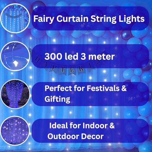 Image of One94Store Fairy Curtain String Lights for Wall Decoration, USB Powered 300 LED's, 8 Flashing Modes, Window Backdrop Lights for Bedroom, Party, Diwali, Christmas - (3x3 Meter) Blue