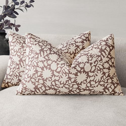Image of Foindtower Set of 2 Decorative Neutral Floral Throw Pillow Covers Accent Farmhouse Cushion Covers Boho Lumbar Pillowcase for Couch Sofa Bedroom Living Room Home Decor,12x20 Inch,Wine Red