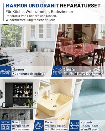Marmor Reparaturset 160g (Farbübereinstimmung), Fliesenreparaturset für Löcher Dellen Risse Chips Defekte Kratzer, Granit Reparatur Set Füllung Fliesen Keramik Stein Wiederverbinden Harte Oberflächen