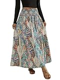 YHYJMY Women's Boho Skirt Elastic High Waist Pleated A-Line Flared Maxi Skirts Womens Flowy Long Skirts（AZ103-Green-XL