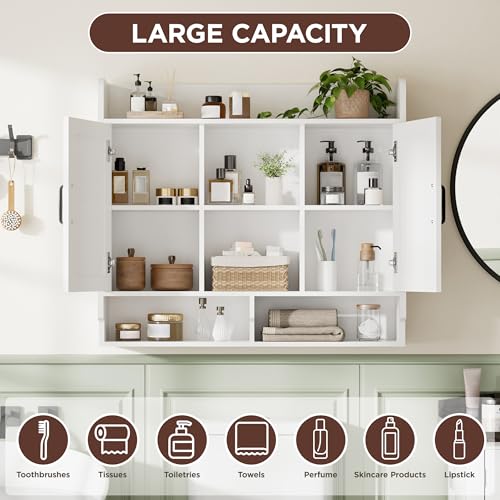 Image of FiveWillowise White Bathroom Wall Cabinet, Wall Mount Storage Cabinet, Floating Medicine Cabinet with 5 Open Shelves and 2 Deep Cabinets Over The Toilet for Laundry Room, Kitchen