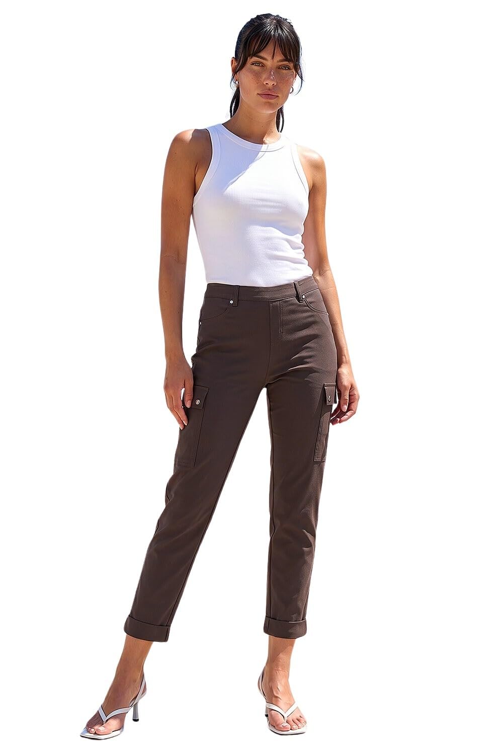 Roman Originals Women's Chocolate Roman Cargo Trousers For Uk Stretch Combat Pants Turn Up High Waist Rise Pull On Smart Casual Slimming Work Office Fitted Straight Leg Pockets Summer - Size 10