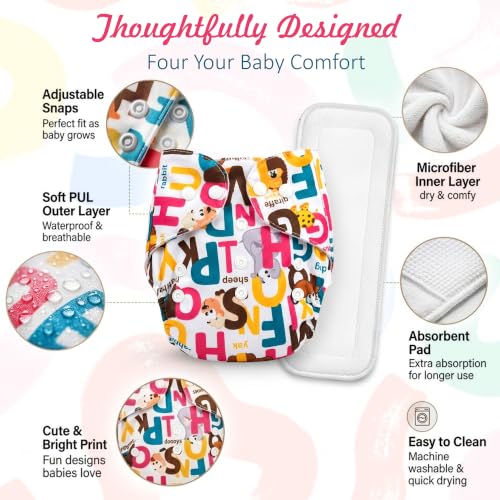 Image of GLUN Printed Reusable Baby Cloth Diaper Pack of 2, Multicolour Colour Alphabet Print, Comfort & Protection, Leakproof & High Absorption