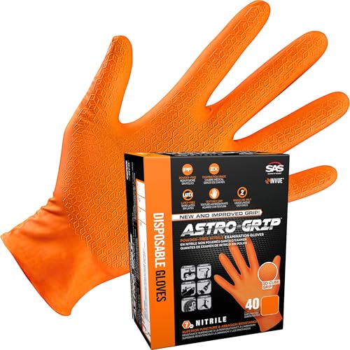 Astro-Grip Exam Grade Powder-Free Nitrile Disposable Gloves. Size Medium, Orange, 7 mil Thickness. Chemical and Puncture Resistant. Single-Use. Pack of 40. (66472-40)
