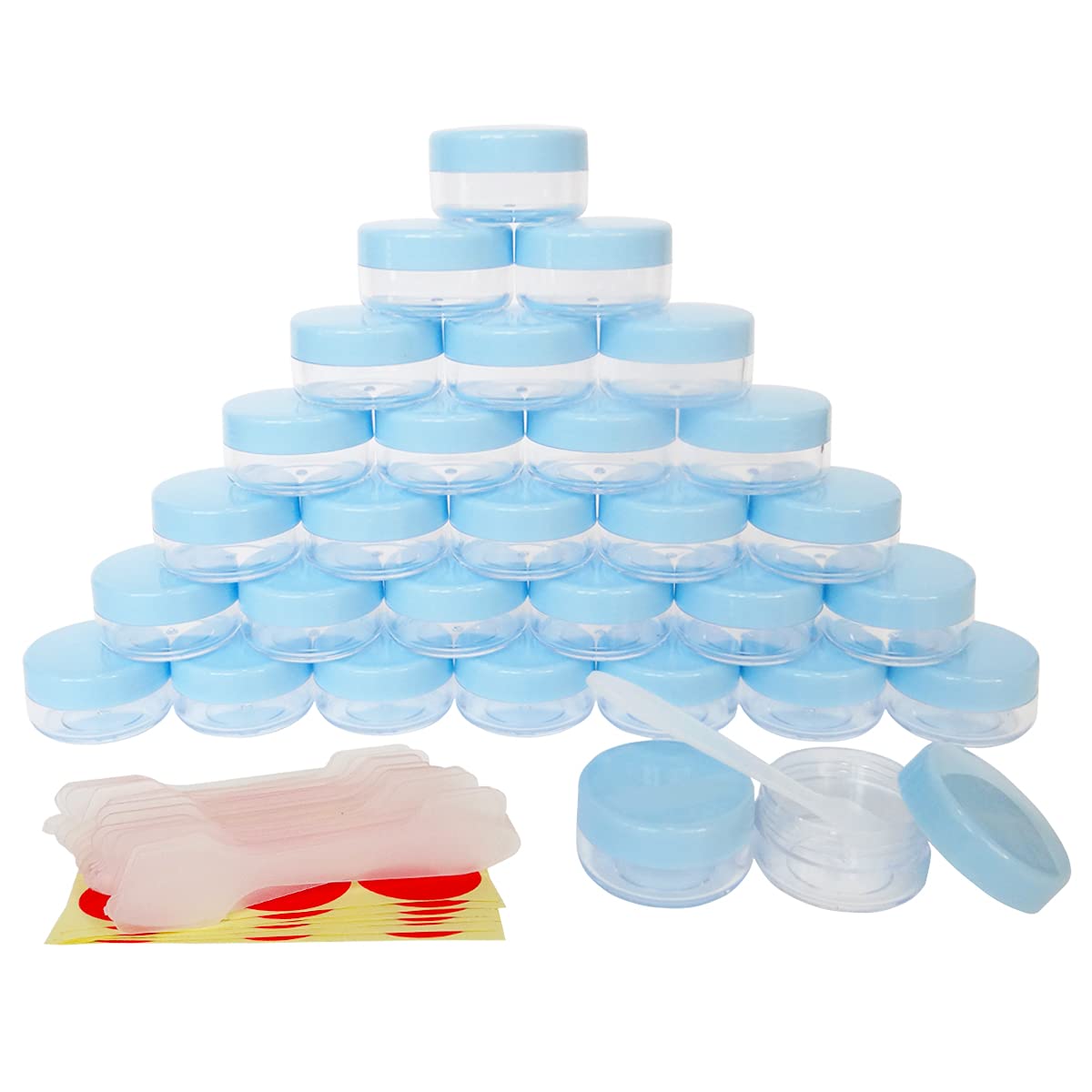 Wopanxye 30x 10ml Sample Jars, Small Empty Refillable Cosmetic Container, Plastic Round Pot w/Blue Screw Cap Lid