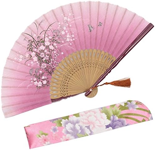 OMyTea® "Grassflowers 8.27"(21cm) Hand Held Folding Fans - with a Fabric Sleeve for Protection for Gifts - Chinese/Japanese Vintage Retro Style (Red)