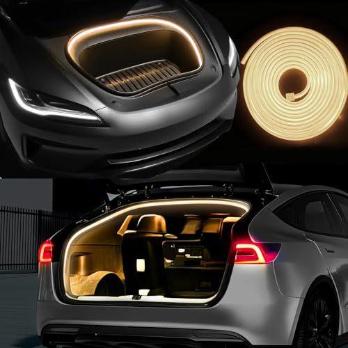 2 Pcs Frunk and Trunk LED Light Strips for Tesla Model Y & Model Y Juniper 2025+, 8.2ft and 16.4ft Waterproof Intelligent Lights, White Ambient Light Flexible Silicone Strips Accessories