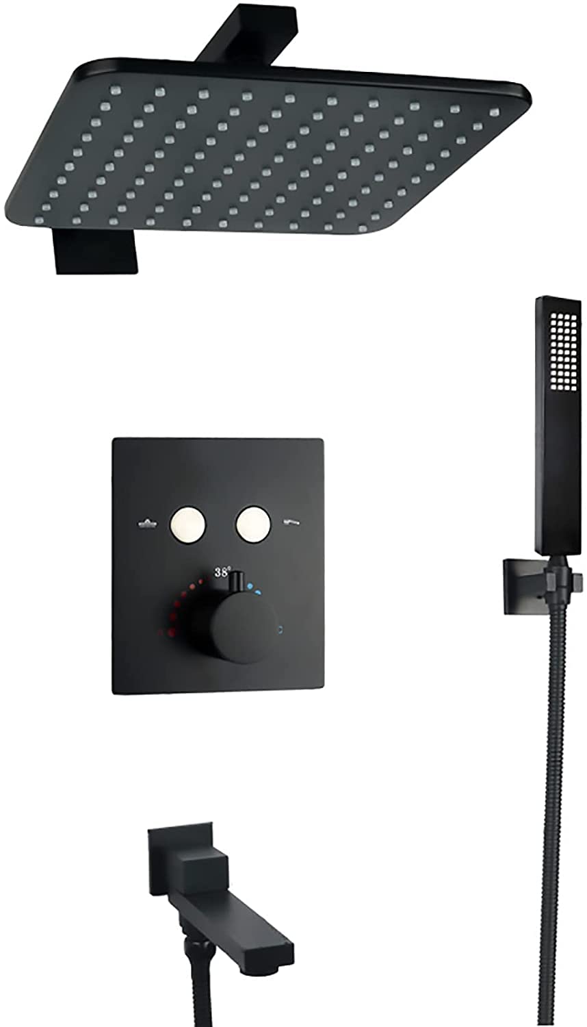 QUSYZD Shower System Thermostatic Shower Faucet Set 10 Inches Rain Shower Combo Set Wall Mounted Tub and Shower Trim Kit with Handheld Sprayer and Square Rain Shower Head,Black