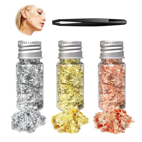 Decoración de pan de oro de 20 g, 3 botellas de copos de pan de oro, 3 colores: pan de plata, pan de oro y oro rosa, para decoración de uñas, maquillaje, pintura artística, bricolaje y otros fines dec