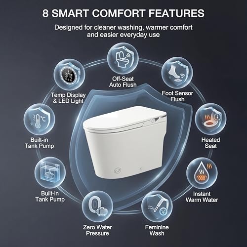 Inodoro inteligente con bidé integrado, inodoro de una pieza alargado con tanque y bomba, tapa manual, descarga por pedal, asiento calefactado, agua tibia, secador de aire, luz nocturna, sin control remoto miniatura 5