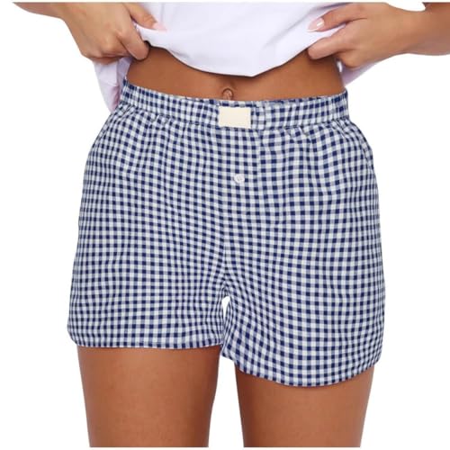 Image of Women Pajamas Shorts Y2k Elastic Waist Plaid Boxer Shorts Cute Gingham Sleep Lounge Bottoms