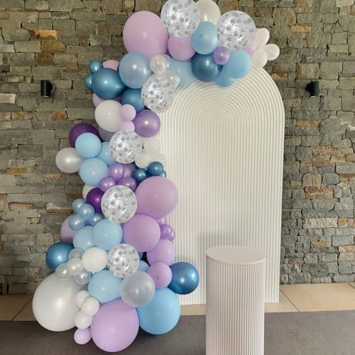 Image of Winter Snowflake Balloons, 60 Packs 12 Inch Metallic Purple Blue White Silver Balloon with Confetti Balloon for Birthday Party Baby Shower Christmas Winter Wonderland Party Decoration