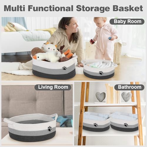 Image of Optish Dog Toy Basket, Toy Box and Bin for Dog Cat Storage, 13.5 inch X 11 inch X 5 inch Small Woven Rope Basket for Baby Storage, Closet, Living Room, White & Grey