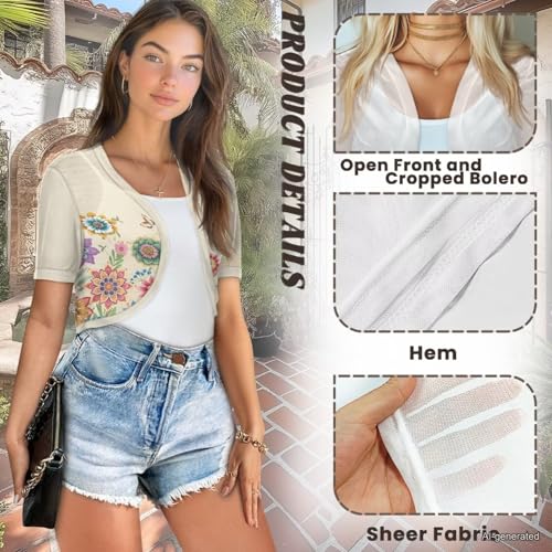 Image of Womens Short Sleeve Cardigans Lightweight Summer Cardigan Trendy Bolero Shrug Cute Floral Cardigan Sheer Bolero