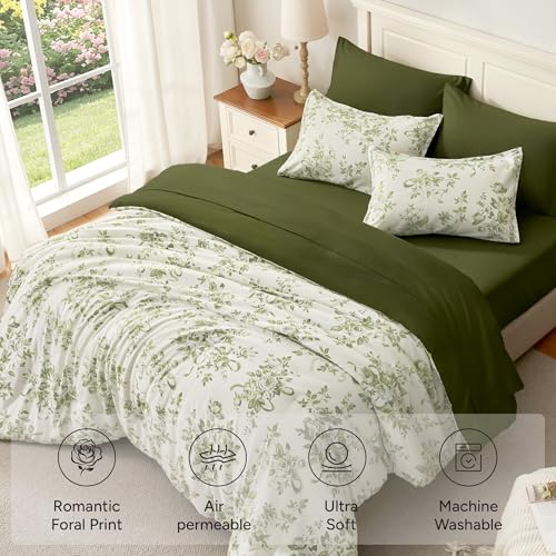 Image of Andency Floral Olive Green Comforter Set Full Size, 7 Pieces Flower Lightweight Bedding Set for All Seasons, Soft Vintage Bed in a Bag with Comforter, Sheets, Pillowcases & Shams