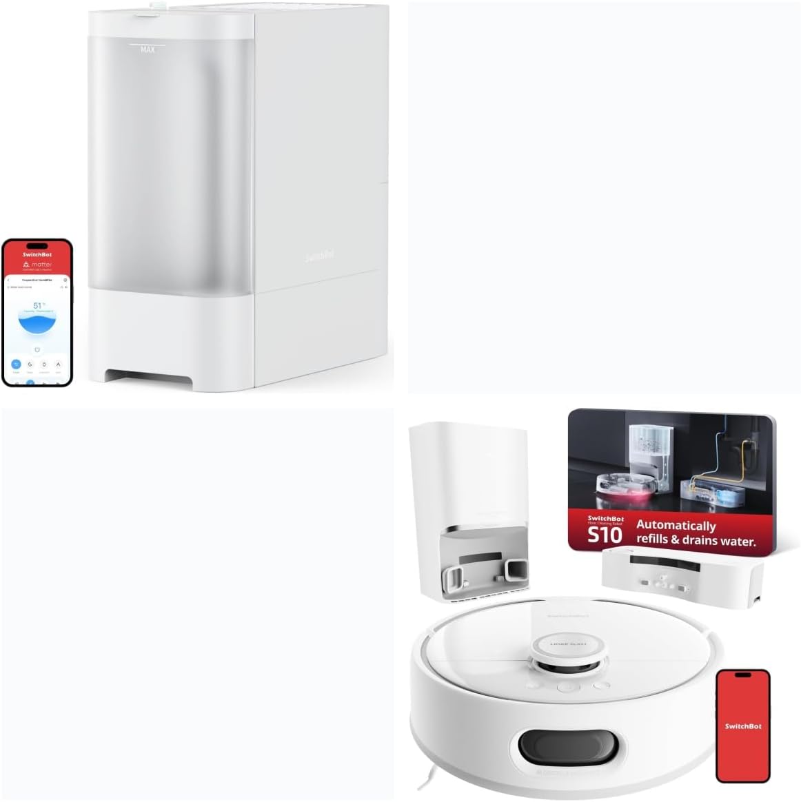 SwitchBot Smart Evaporative Humidifiers and S10 Robot Vacuum and Mop with Dual Stations