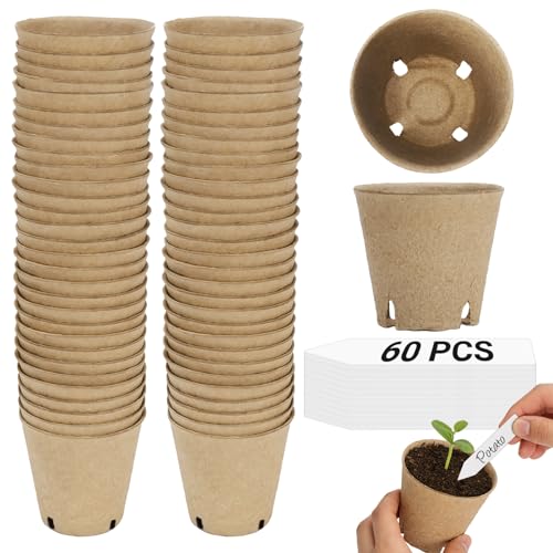 BIGIVACA 60Pcs 3.1 Inch Peat Pots - Nursery Pots with Drainage Holes for Seedlings - Biodegradable Seed Starting Pots with 60Pcs Plant Labels for Garden Plants