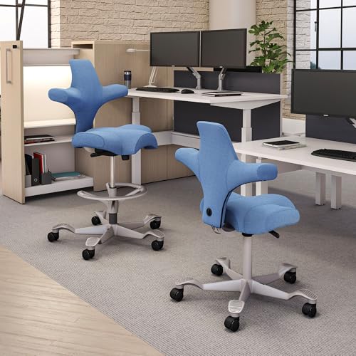 Image of HAG Capisco Adjustable Sit to Stand Desk Chair - Silver Frame - Light Wash Blue Polyester Seat - with Footring