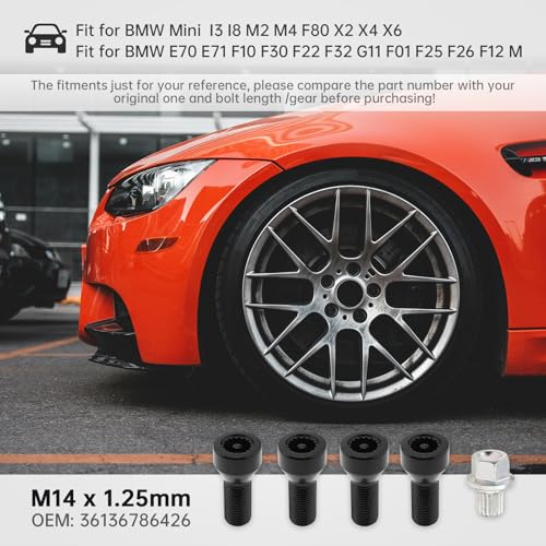 Image of 5pcs 36136786191 M14x1.25mm Wheel Lock Set Lug Nuts Bolt Fit for BMW Mini, I3 I8 M2 M4 F80 X2 X4 X6 with Master Key, Black Anti-Theft Wheel Stud Bolt Locks
