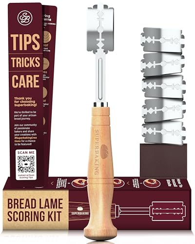 Superbaking Bread Lame - Sourdough Scoring Tool with 5 Extra Blades - Baking Supplies for Home Bakers - Sourdough Razor Scorer - Bread Making Tools - Gift for Bakers - Classic Ergonomic Wooden Handle