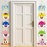 Ticiaga 10pcs Baby Cute Shark Porch Sign, Hanging Sign Wall Decoration Shark Family Party Banner, Door Cardborad Cutout Signs Outdoor Decoration, Hanging Cards Kit for Doo Doo Theme Party Decoration