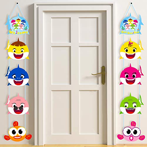TICIAGA 10pcs Baby Cute Shark Porch Sign, Hanging Sign Wall Decoration Shark Family Party Banner, Door Cardborad Cutout Signs Outdoor Decoration, Hanging Cards Kit for Doo Doo Theme Party Decoration