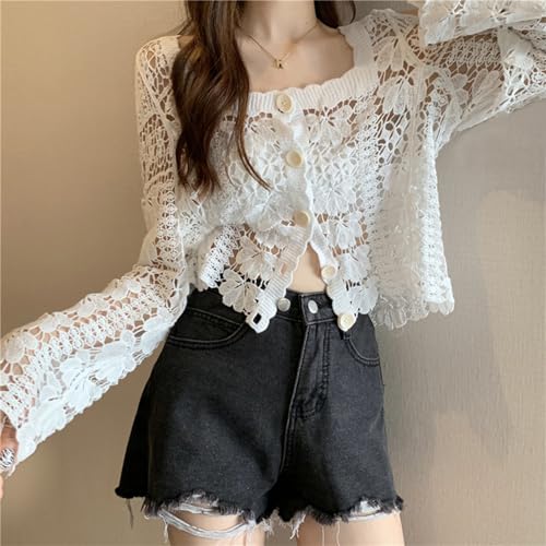 Womens Floral Lace Crochet Long Sleeve Cropped Cardigan Top Korean Styles Square Neck Button Down Mesh CoverupJackets3