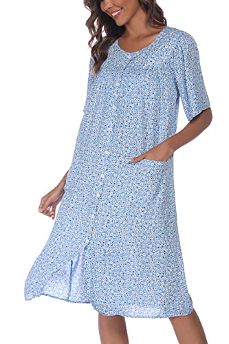 Image of COSUNIONY House Dresses for Women Cotton Short Sleeve House Coat Buttons Down Dusters Robe with Pockets S-XXL
