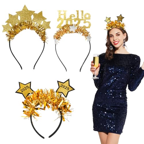 Happy New Year Stirnbänder Mit Strass, Golden, Für Silvester-Partys – Glitzernde 'Happy New Year'-Schrift & Sternen-Deko