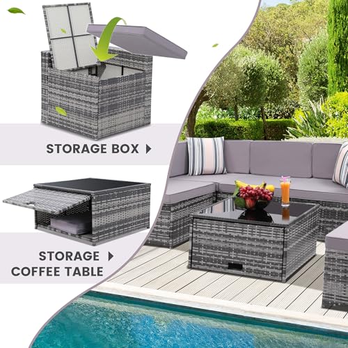 Image of KROFEM 8 Piece Patio Furniture Set, Outdoor Modular Conversation Set | UV Treated Wickers, Machine Washable Cushions, Seats 6, 2 Hidden Storage Compartments, Rustproof Frame, Waterproof, Grey