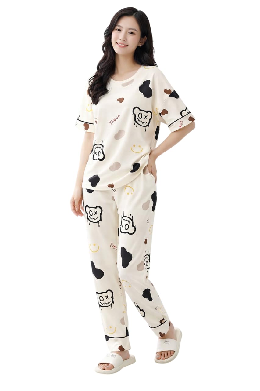 Korean Style Women’s Night Suit|| Cute Printed Pajama Set with Long Sleeve Top & Pants|| Soft Cotton Loungewear || Cotton Blend Night Dress