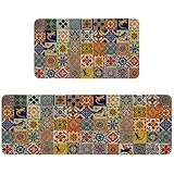 HSOWKDN Mexican Talavera Kitchen Rugs Sets of 2 Non Slip Washable, Mexican Tile Kitchen Mats for Floor 2 Piece Home Decor