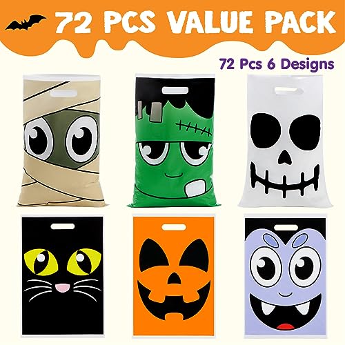 JOYIN 72 Pcs Halloween Goodie Bag for Trick-or-Treating, Plastic Snacks Bags for Kids Party Favors, Halloween Trick or Treat Candy Bags for Event Party Favor Supplies2