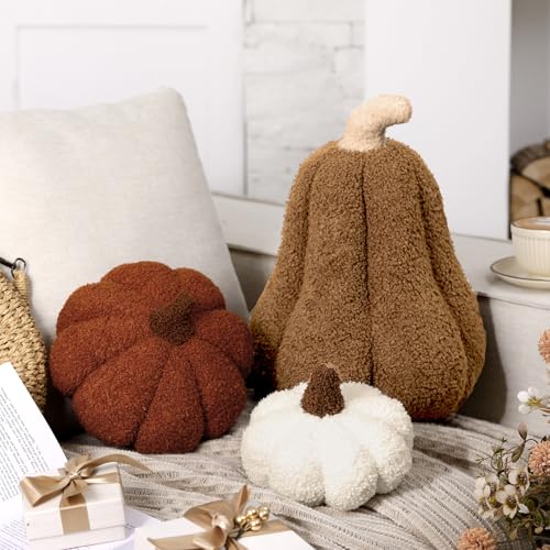 Beeveer 3 Pcs Fall Thanksgiving Pumpkin Pillows Sherpa Plush Stuffed
