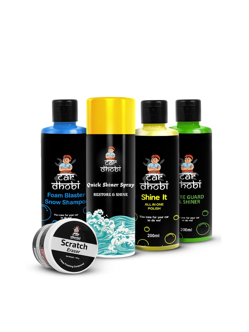 CarDhobi All-in-One Bike & Car Care Kit – Quick Shiner Spray, Scratch Eraser, Foam Blaster Snow Shampoo, Tyre Shiner, Shine It All-Purpose Cleaner–Complete Vehicle Cleaning & Restoration Kit for Shine-image-3