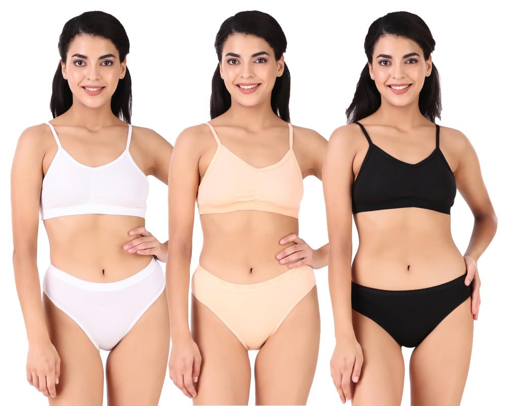 Bra Panty Set Combo Pack of 3 Black White Peach Color-image-18